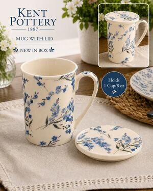 Kent Pottery Blue Floral Mug w/ Matching Lid New in Box 8 oz Ceramic Tea Cup